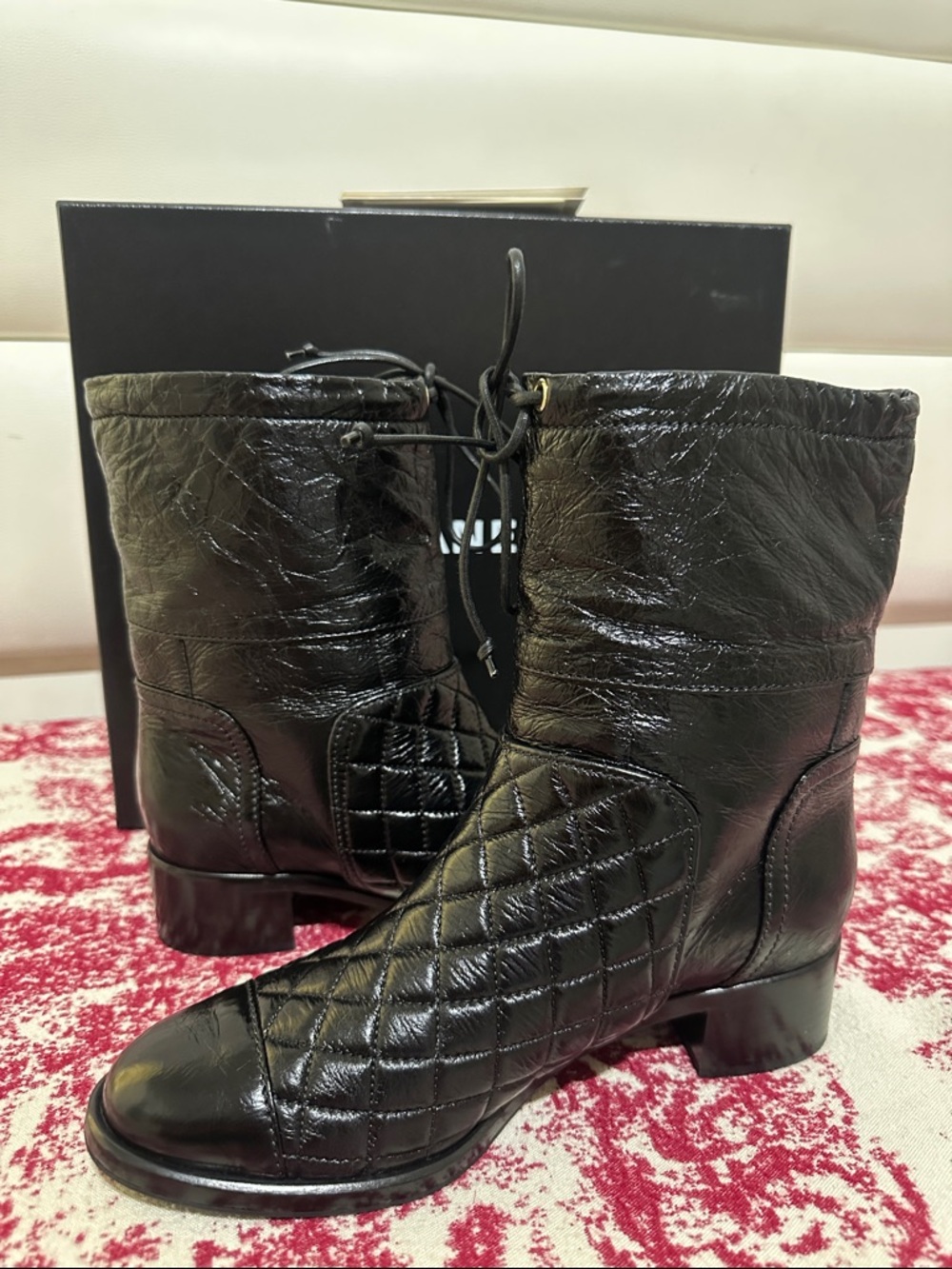 CHANEL Black Quilted Crumpled Calfskin Leather Short Boots with CC Logo - Picture 3 of 15